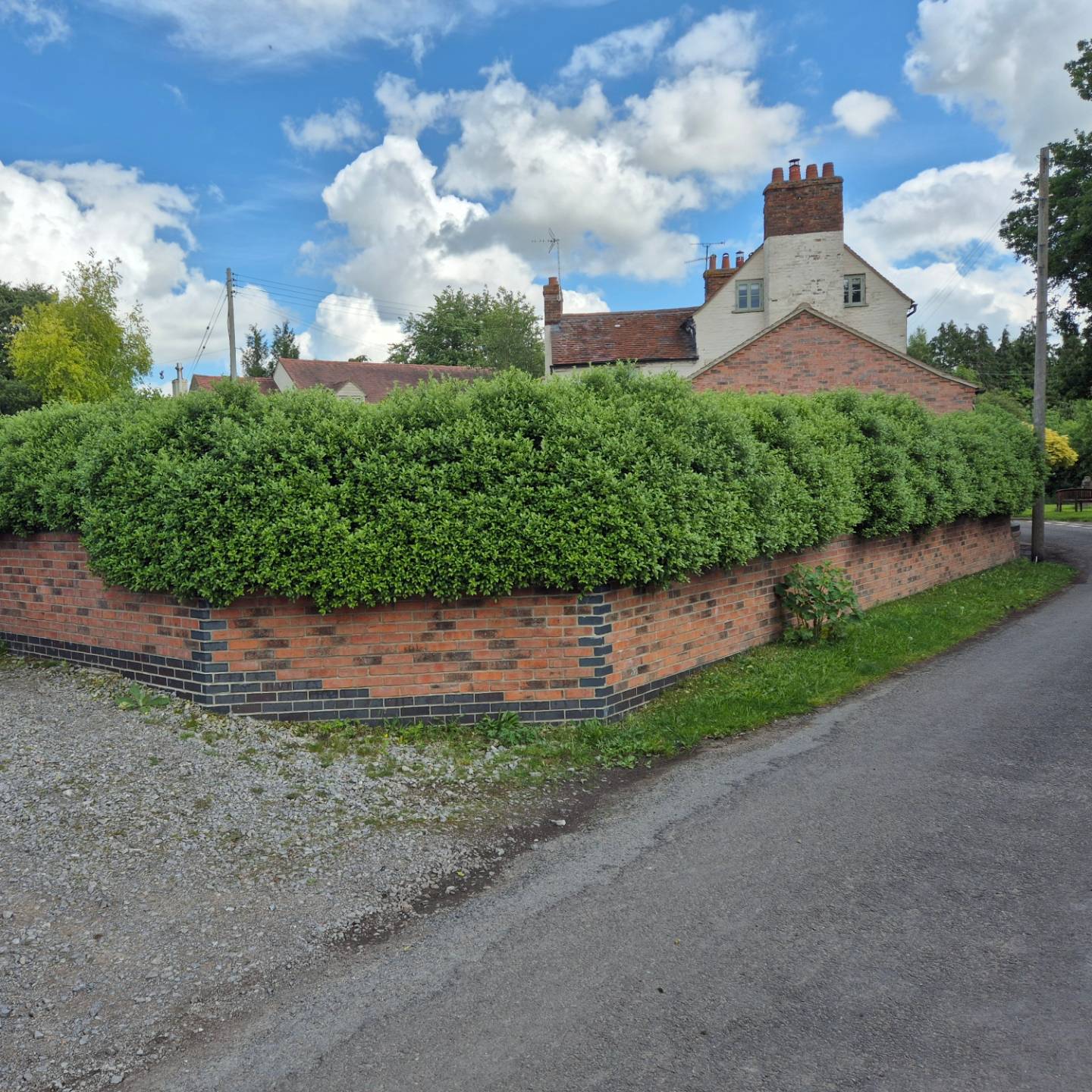 A long hedge trimmed square along a brick wall beside a country lane