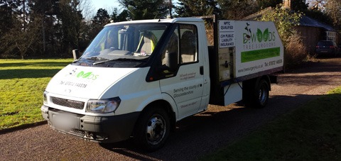 The white D Woods Tree Surgeons tipper van with its green leaf livery